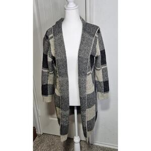 Black & Tan Knit Plaid Duster Cardigan With Hood